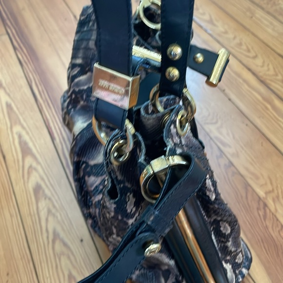Faux Black, Tan and Gray Python Shoulder Bag With Gold Accents - Picture 5 of 9